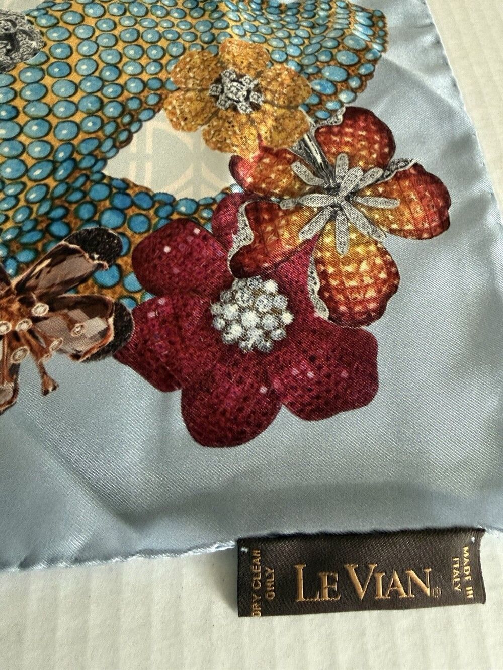 LE VIAN Silk Scarf “Through The Centuries” Italy MSRP $500 Light Blue Jewels Gar - Picture 14 of 16